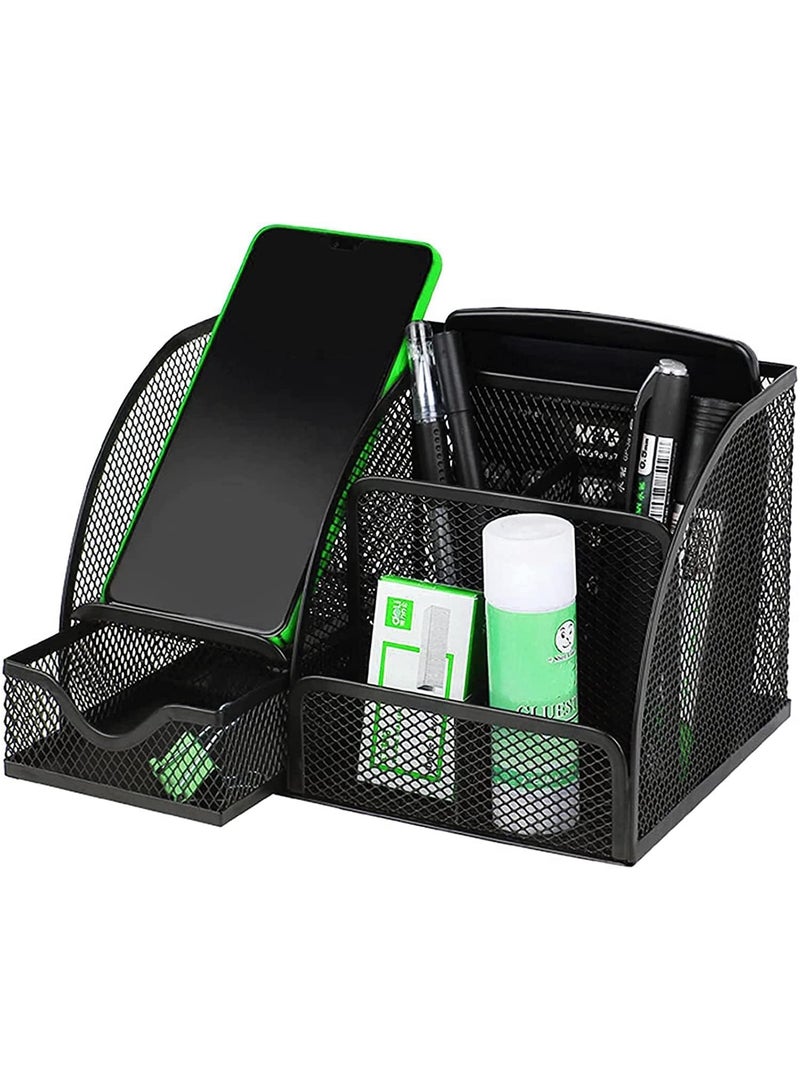 Desk Organizer, Pen Holder Desk Accessories, Metal Mesh Desk Organizers and Storage, Pencil Holder Desk Organizers Office Supplies Caddy Desk Storage with Draw for Home, Office, School (Black)